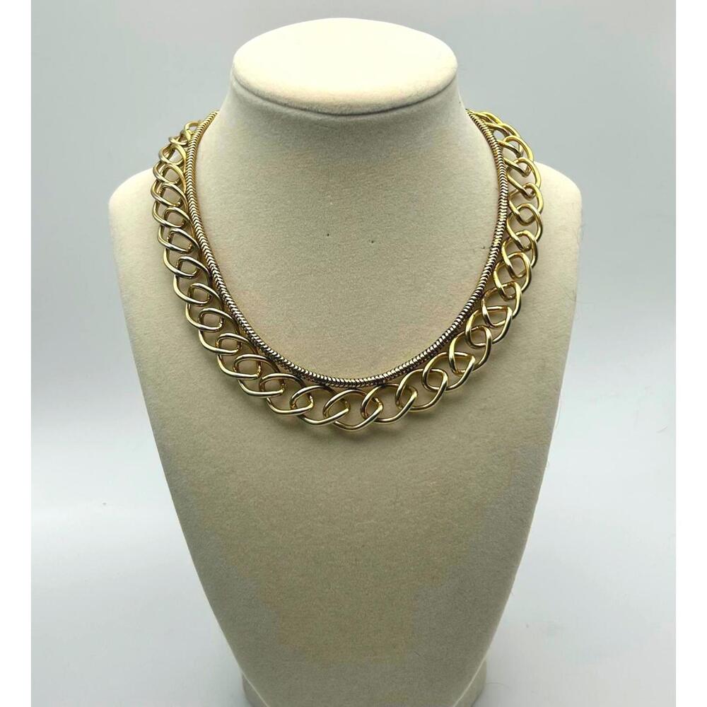 1980s Vintage Gold Tone Chain Necklace, Chunky Layered Statement Jewelry